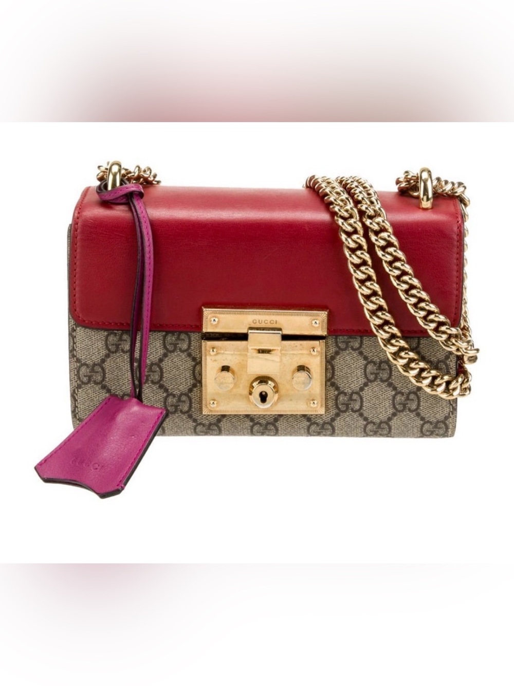 Gucci Padlock GG Supreme Mini Chain Bag | Red & Pink | Gold Hardware | Authentic